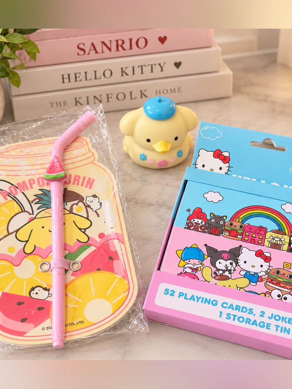 SANRIO BUNDLE Pompompurin Notebook, Rubber Duck & Hello Kitty Playing Cards 💛🩷✨